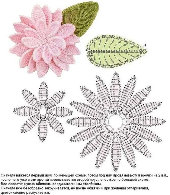 Делюсь подборкой из 30 красивых объёмных цветочных мотивов со схемами для вязания крючком