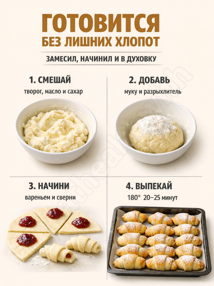 Кулинария>Творожные рогалики с вареньем !