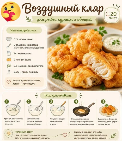 Кулинария>Пышный кляр, который не отслаивается от грудки или рыбы!