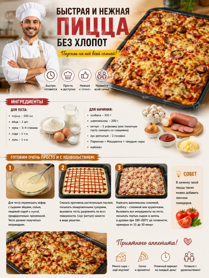 Кулинария>БЫСТРАЯ И НЕЖНАЯ ПИЦЦА!