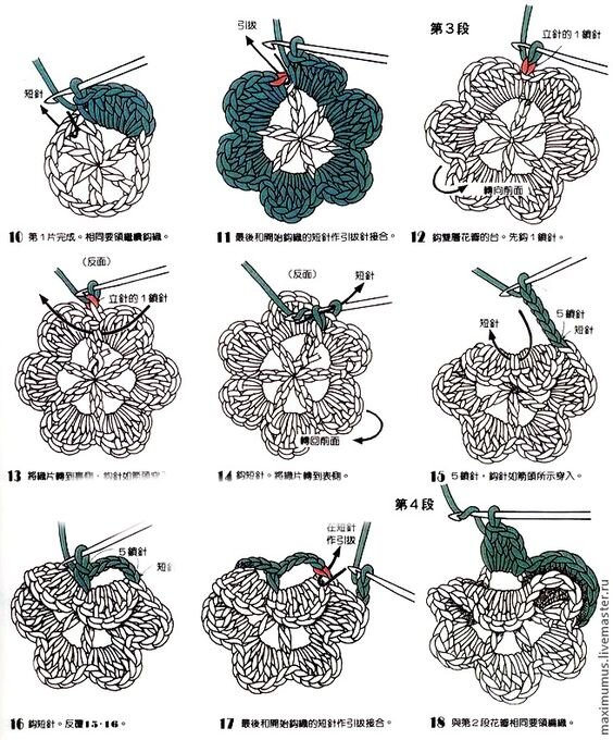 Делюсь подборкой из 30 красивых объёмных цветочных мотивов со схемами для вязания крючком
